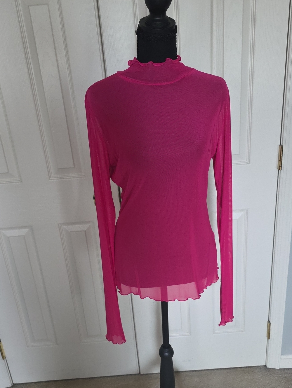 Sheer Long-Sleeve Mock Neck Top in Bright Fuchsia Pink